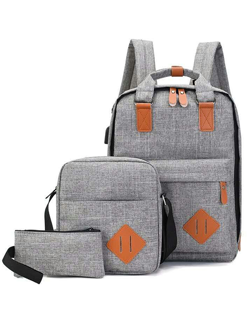 Fashion Gray Three-piece Computer Backpack With Logo On Both Shoulders