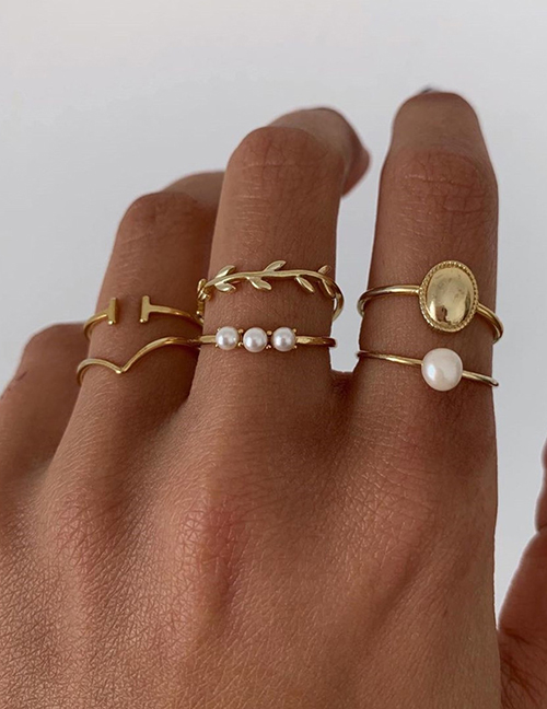 Fashion Golden Gold-plated Pearl Leaf Ring Set