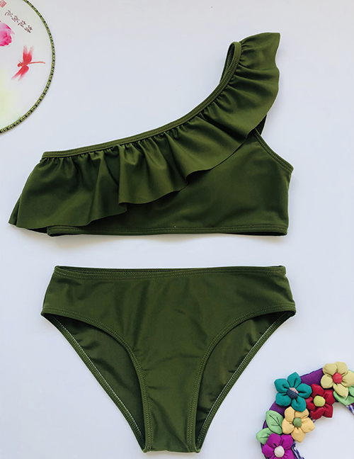 Fashion Army Green One-shoulder Polka-dot Lotus Leaf Split Swimsuit