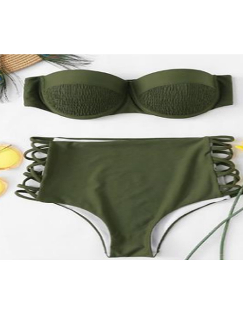Fashion Army Green Solid Color Sling And Rope Split Swimsuit
