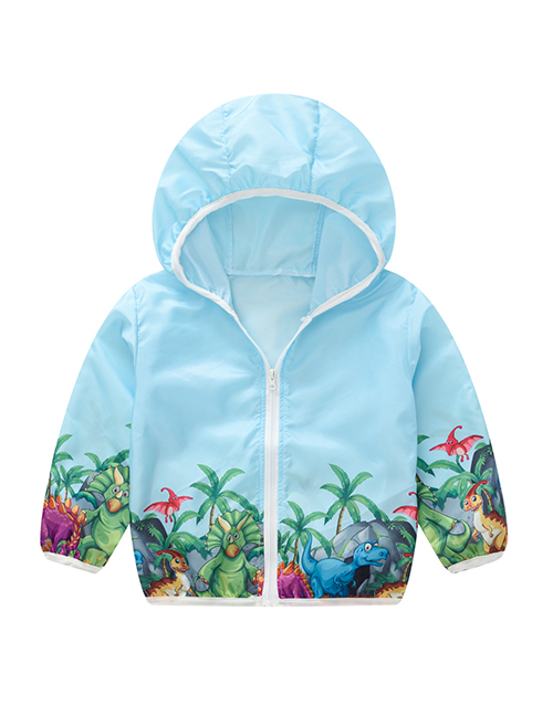 Fashion Blue Dinosaur Children's Flower Dinosaur Print Hooded Sunscreen Clothing