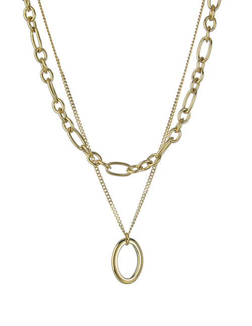 Fashion Golden Titanium Steel Oval Double Necklace