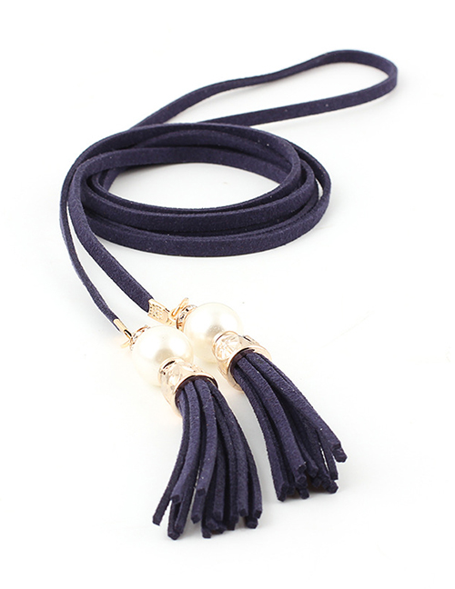 Fashion Navy + White Pearl Knotted Tassel Waist Rope