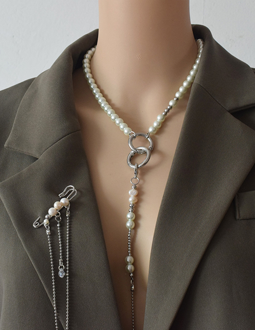 Fashion Silver Pearl Metal Tassel Water Drop Necklace Brooch One Detachable