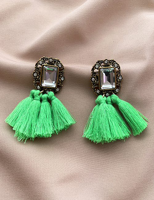 Fashion Green Alloy Diamond Square Cotton Thread Tassel Stud Earrings