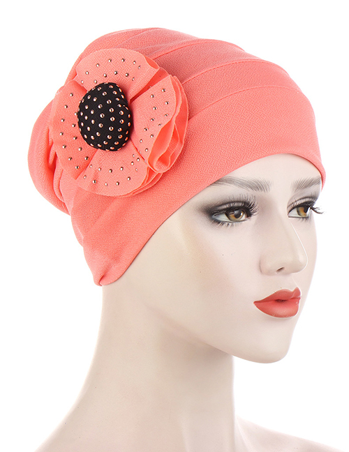 Fashion Watermelon Red Flower Pleated Cap With Diamond Ball