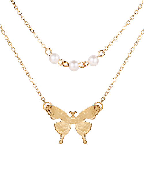 Fashion Golden Double Layer Imitation Pearl Butterfly Necklace