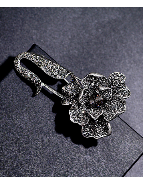 Fashion Ancient Silver Color Black Pearl Camellia Pin