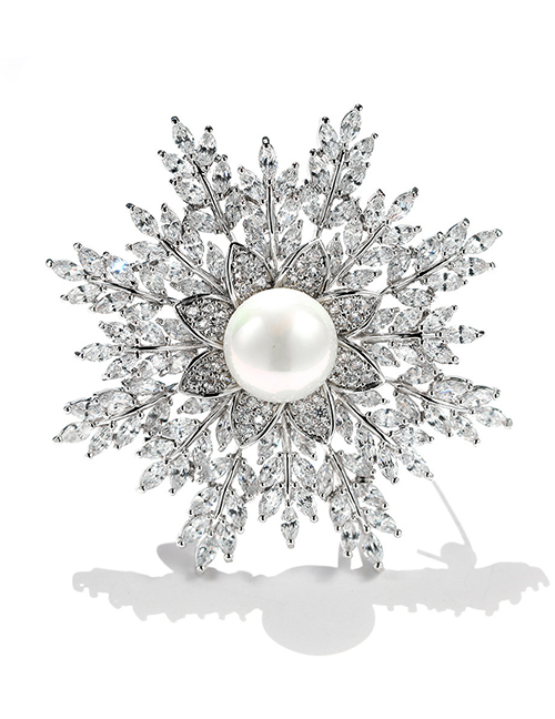 Fashion Silver Color Shell Beads Micro Zircon Snowflake Brooch