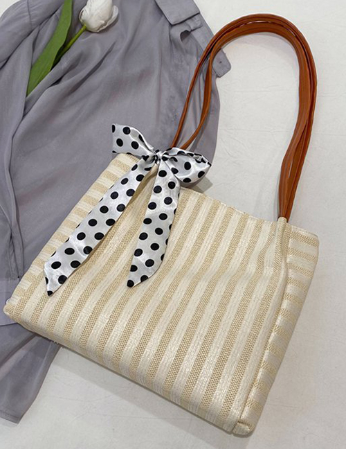 Fashion Dark Brown Striped Straw Polka Dot Ribbon Large One-shoulder Handbag