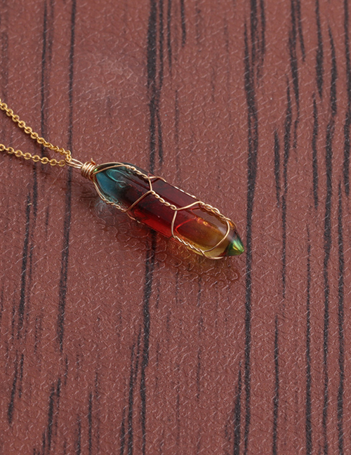 Fashion C Gold Copper O Sub Chain Colorful Rough Stone Crystal Pillar Necklace