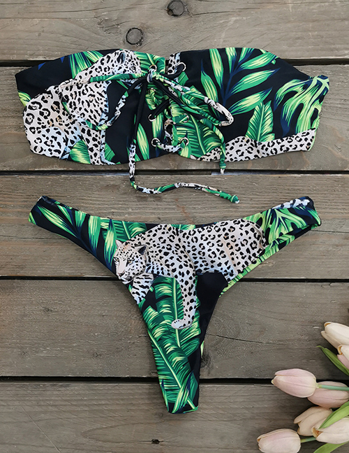 Fashion Green Leaves + Leopard Animal Leopard Print Split Swimsuit