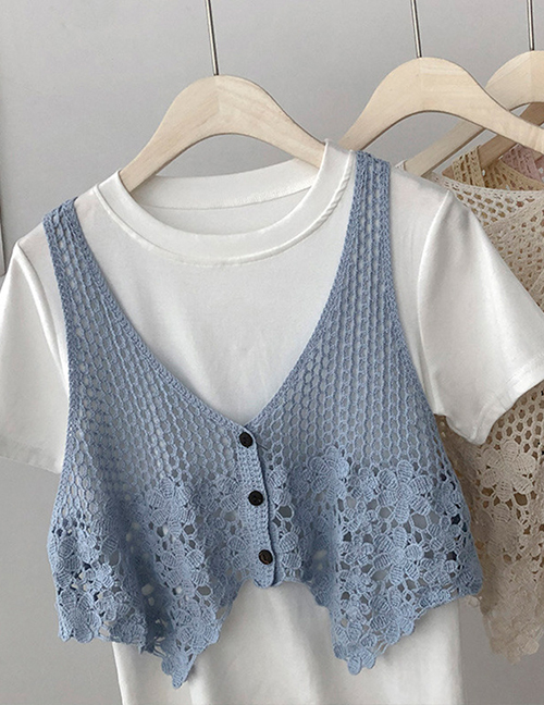 Fashion Blue Lace Crochet Hollow Knitted Sling Vest