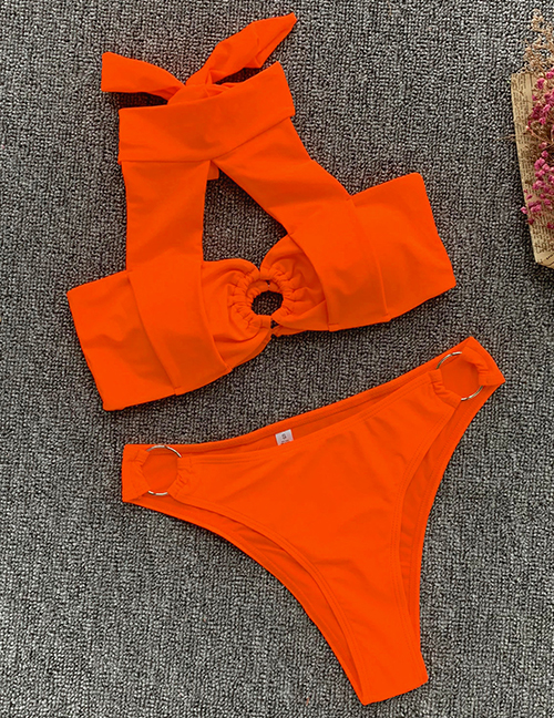 Fashion Orange Solid Color Strappy Split Swimsuit