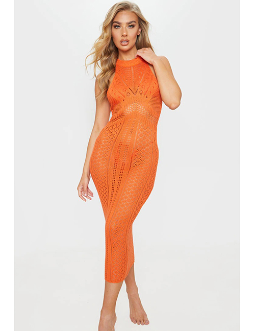Fashion Orange Knitted Hollow Vest Dress Blouse