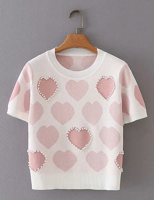 Fashion Pink Peach Heart Pearl Short Sleeve Top