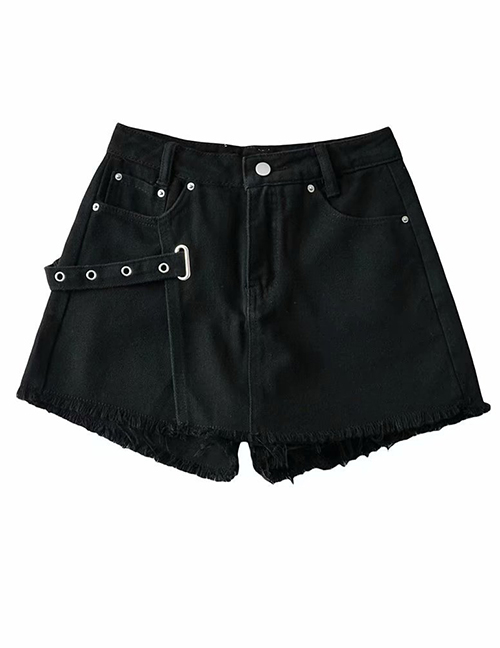 Fashion Black Washed High-waisted Frayed Denim Shorts