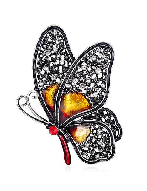Fashion Yellow Alloy Diamond Butterfly Brooch Necklace Dual Use