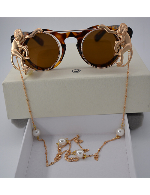 Fashion Leopard Print Double Monkey Pearl Chain Round Flip Sunglasses