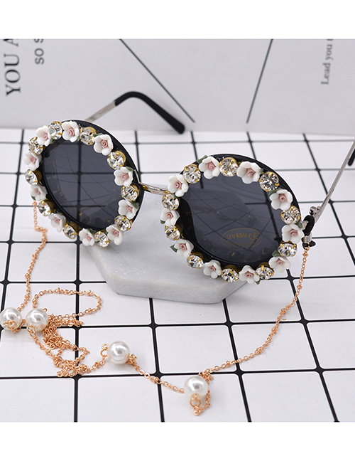 Fashion White Diamond And Carved Metal Flower Sunglasses