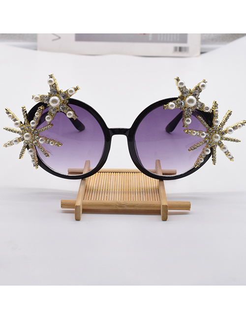 Fashion Black Large-frame Diamond-studded Pearl Starfish Sunglasses