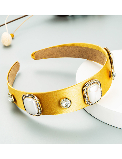 Fashion Yellow Large Square Pearl Cloth Diamond-studded Broad-sided Headband