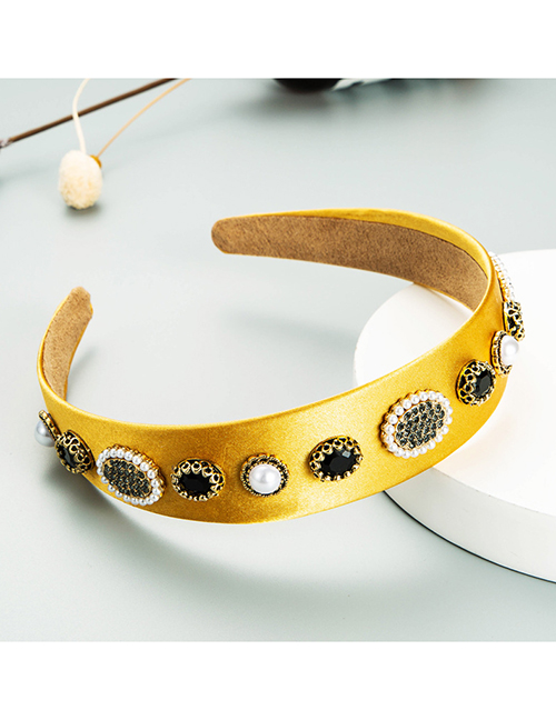 Fashion Yellow Alloy Diamond-studded Pearl Cloth Wide-rim Headband
