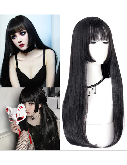 Fashion Black Black Long Straight Princess Cut Full Headgear Wig