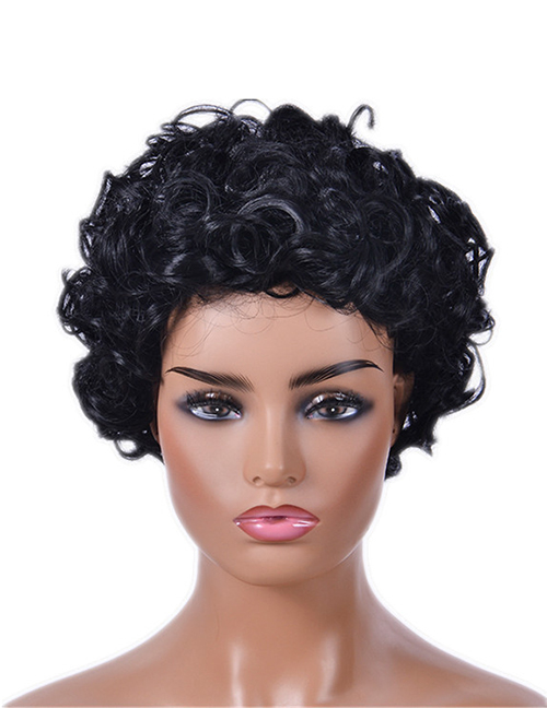 Fashion Black Hair Chemical Fiber Full Headgear Short Curly Hair Wig