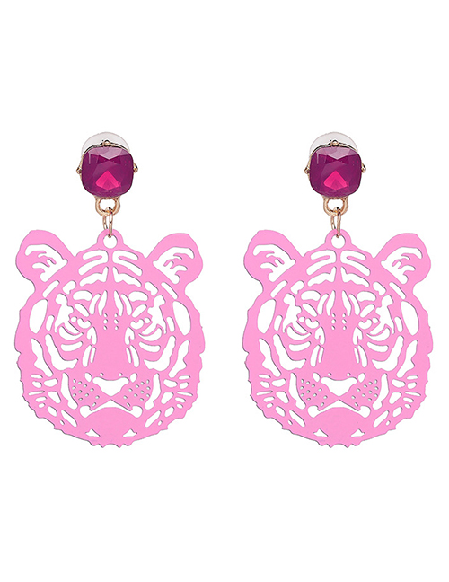 Fashion Pink Alloy Rhinestone Hollow Tiger Earrings