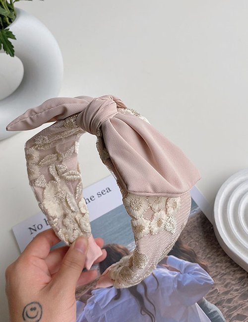 Fashion Beige Lace Embroidery Flower Bow Broad-brimmed Headband