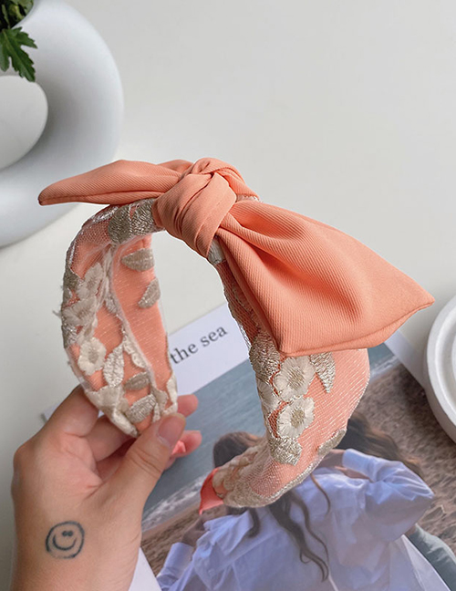 Fashion Orange Lace Embroidery Flower Bow Broad-brimmed Headband