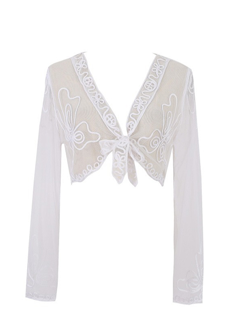 Fashion White Lace Embroidered Lace-up Sun Protection Shawl Top