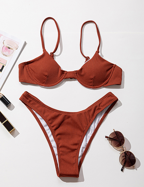 Fashion Brown Small Pit Striped Split Sling Swimsuit