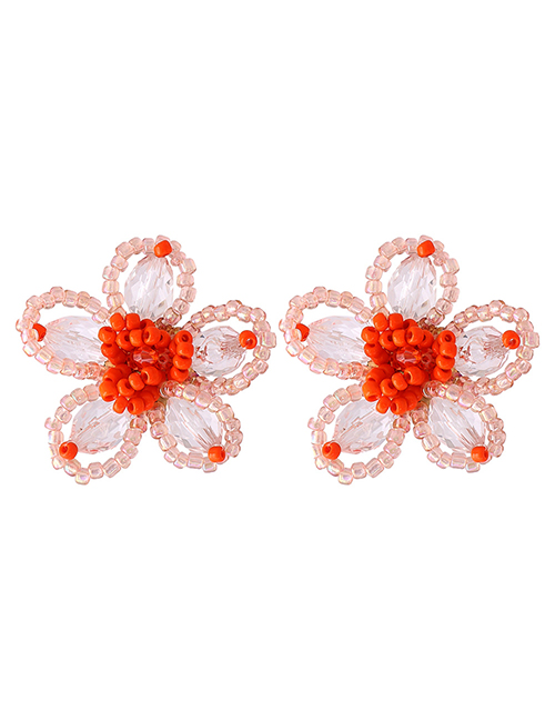 Fashion Pink Acrylic Rice Bead Crystal Flower Stud Earrings