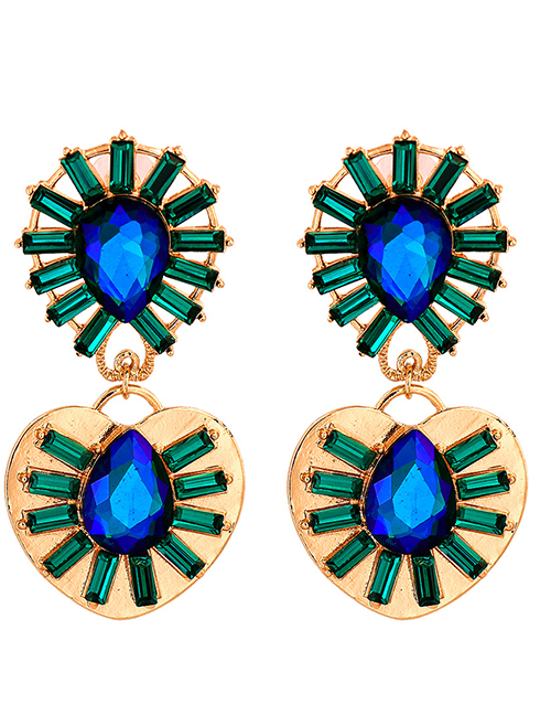 Fashion Blue-green Metal Heart-shaped Drop Earrings With Diamonds