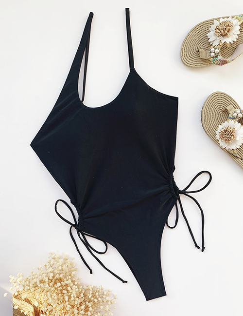 Fashion Black Pure Color Strappy One-piece Swimsuit