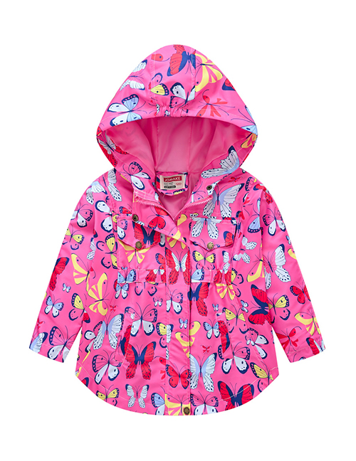 Fashion Rose Red Butterfly Print Waistband Hooded Kids Jacket