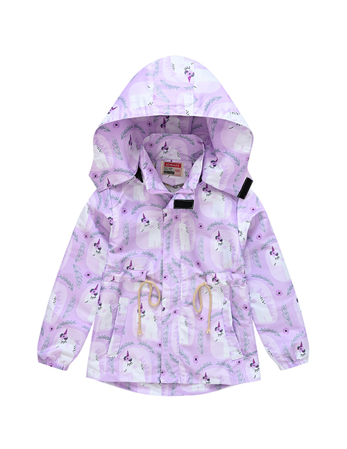 Fashion Purple Children's Printed Hooded Waist Double Layer Jacket