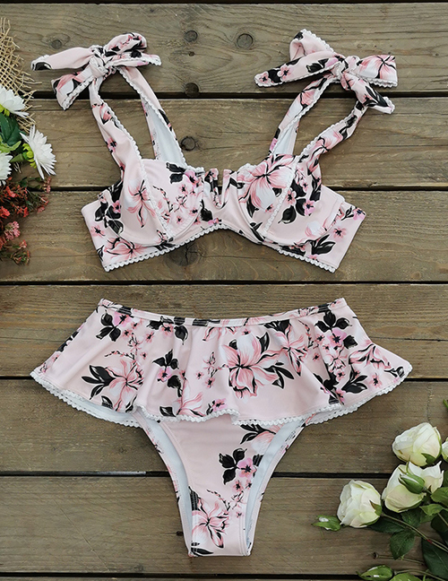 Fashion Pink Print Printed Lace Ruffled Split Swimsuit