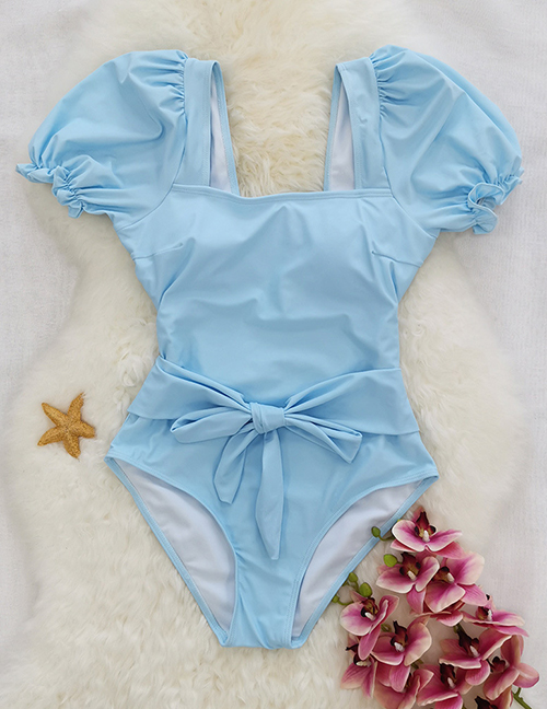 Fashion Blue Puff Sleeve Strappy One-piece Swimsuit