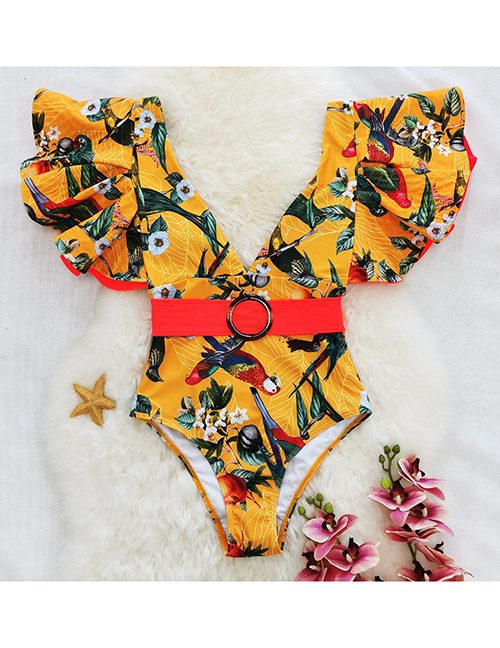 Fashion Yellow Printed Ruffled Buckle One-piece Swimsuit