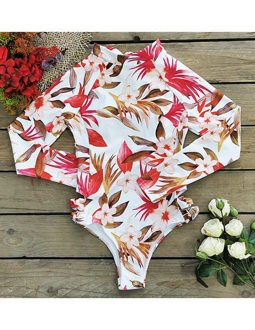 Fashion White Pollen Leaf On White Long Sleeve Printed Swimsuit