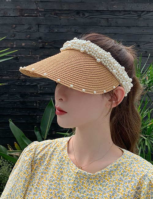 Fashion Beaded Khaki Pearl Rim Empty Top Woven Straw Hat