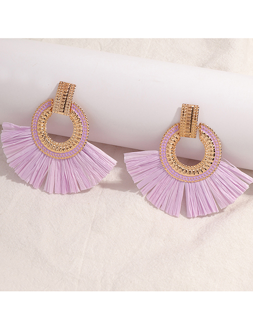 Fashion Purple Alloy Hollow Fan-shaped Raffia Fringe Earrings