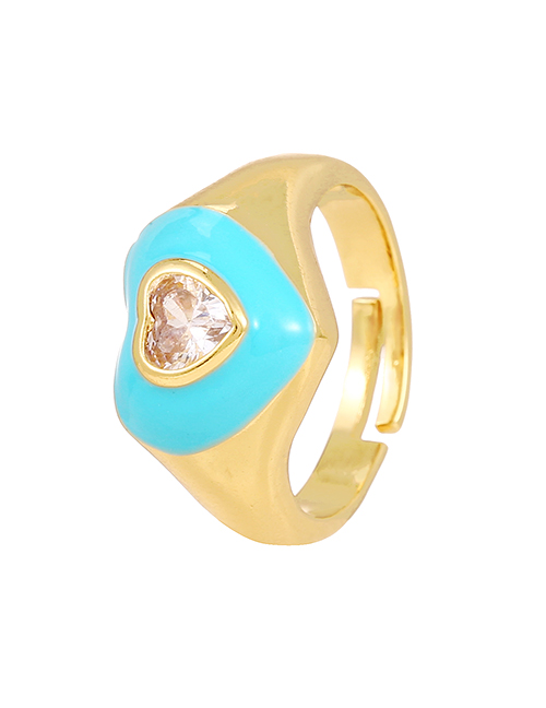 Fashion Blue Copper Inlaid Zircon Drop Oil Love Heart Ring