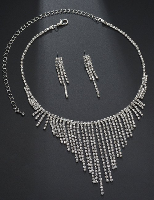 Fashion Steel Color Diamond Tassel Necklace And Earring Set