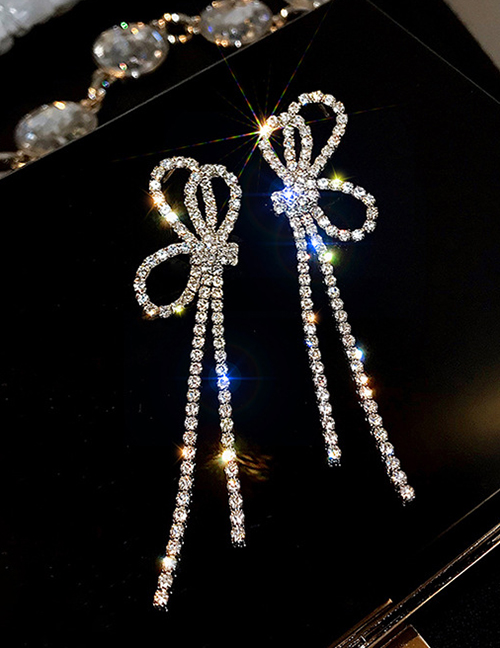 Fashion Silver Color Long Rhinestone Tassel Bow Earrings