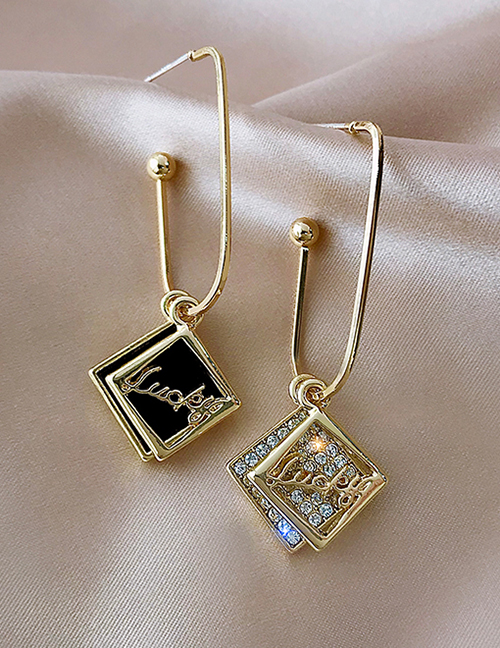 Fashion Gold Color Rhombus Black And White Asymmetrical Earrings