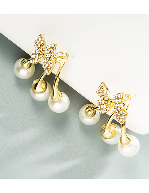 Fashion White Bowknot Tassel Pearl Rhinestone Earrings